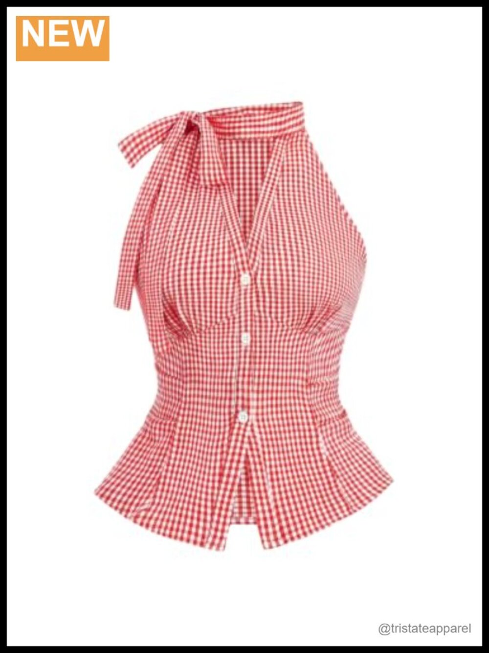 Sleeveless Gingham Halter Tie Neck Button Down Blouse